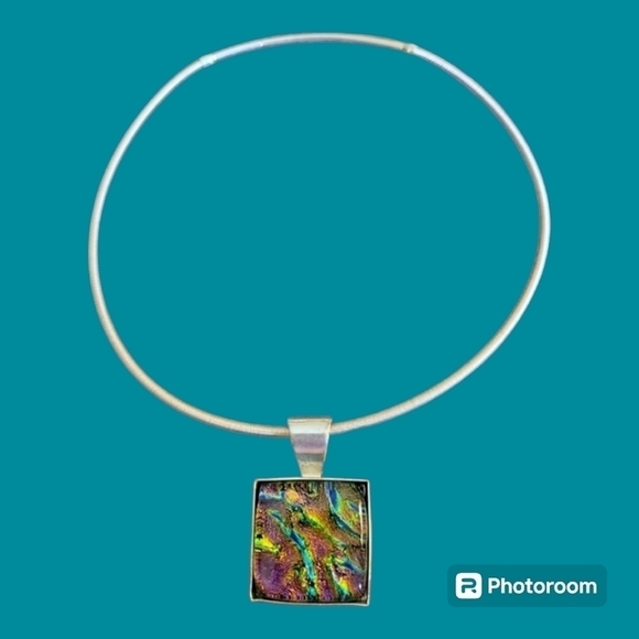 Artisan Sterling Silver K&S Dichroic Glass Pendant Omega Snake Chain Necklace
